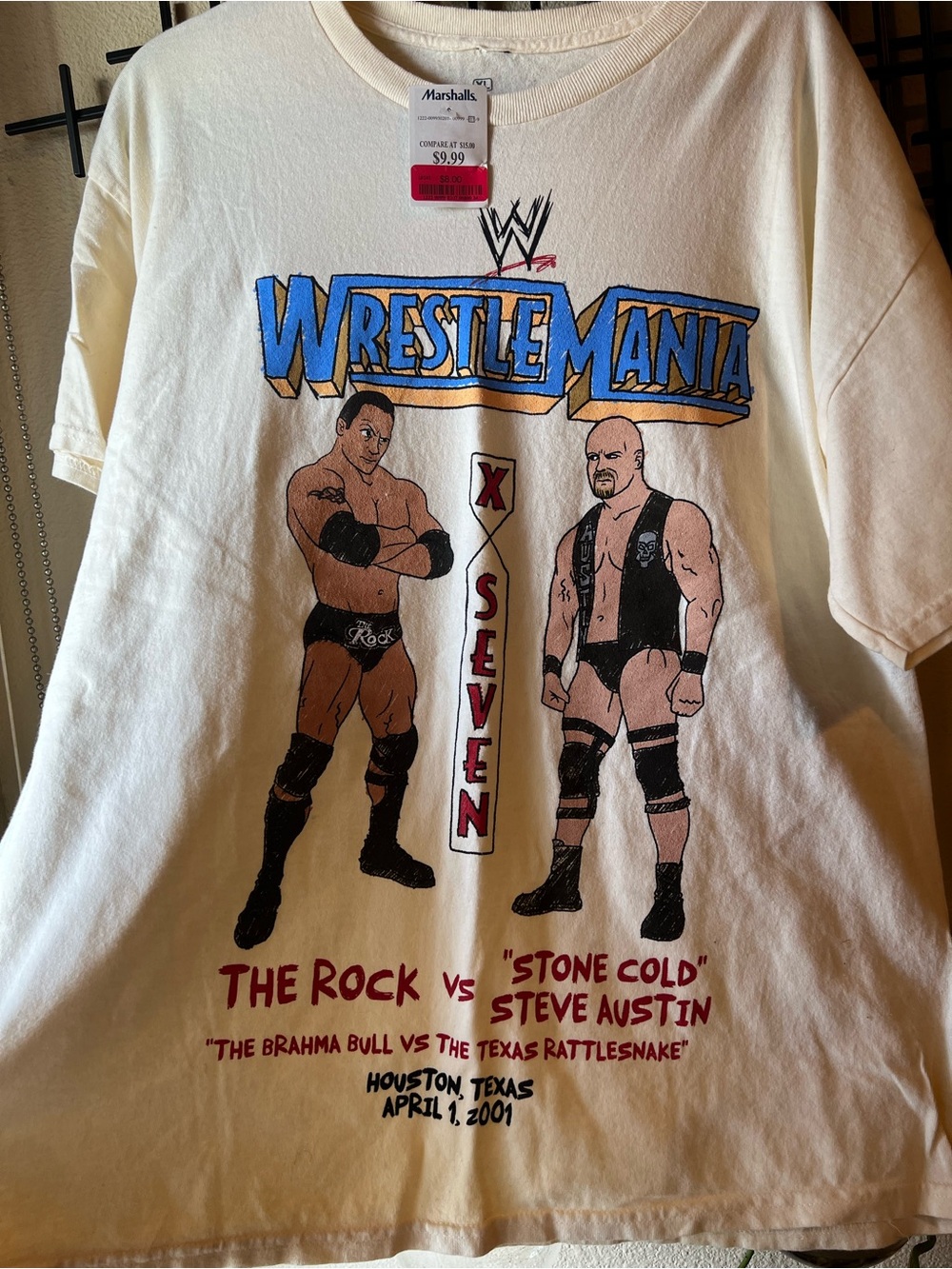 WWE Cream WrestleMania X-Seven The Rock vs Stone Cold Graphic Tee